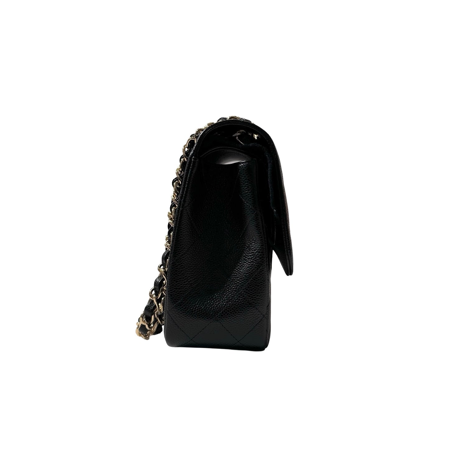 Used CHANEL Calfskin Leather Jumbo Chain Shoulder Bag GHW Black