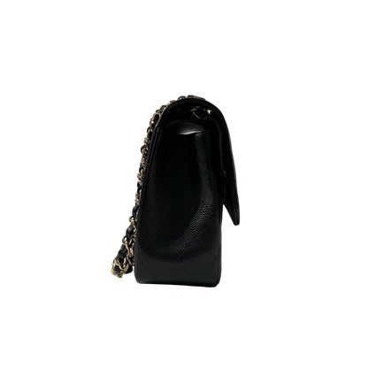 Used CHANEL Calfskin Leather Jumbo Chain Shoulder Bag GHW Black