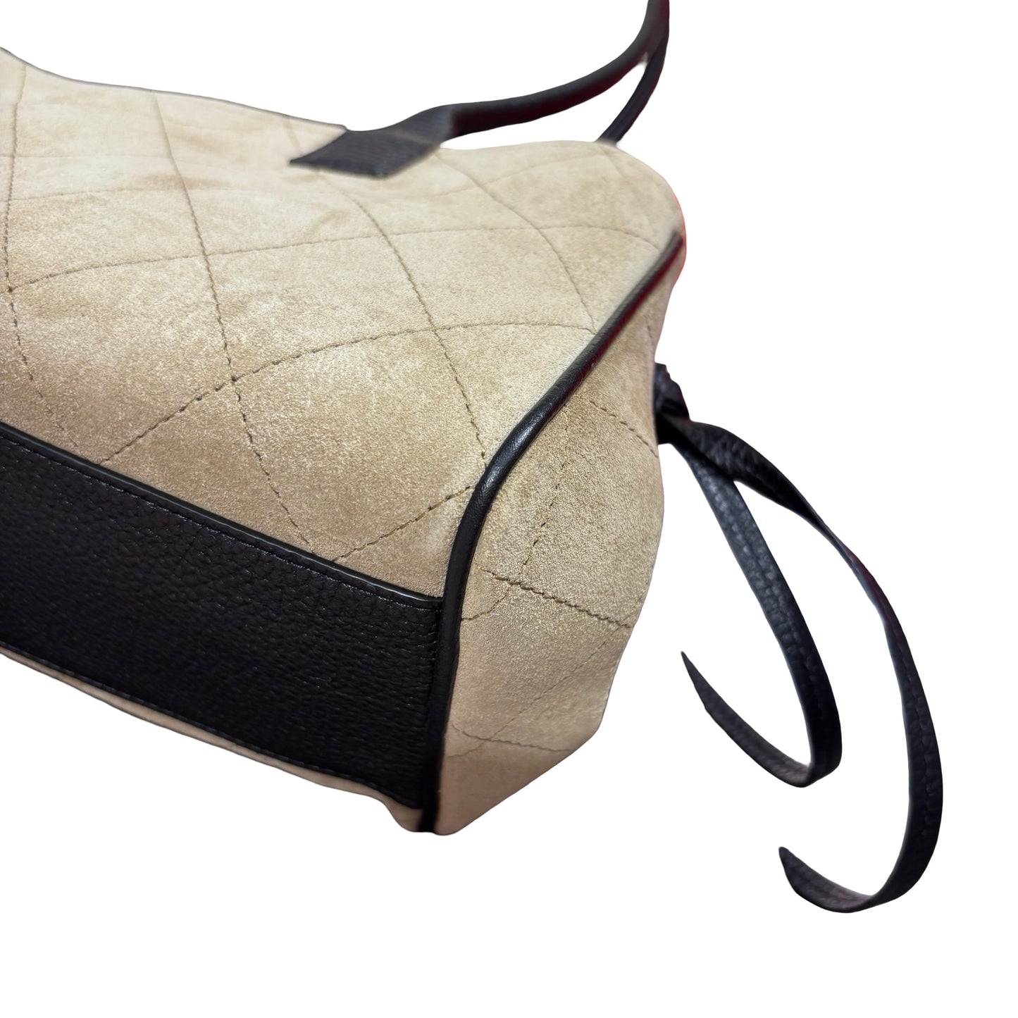 Brand New CHANEL Quilted Suede Leather Top Handle Flap Bag Shoulder Bag Beige Black