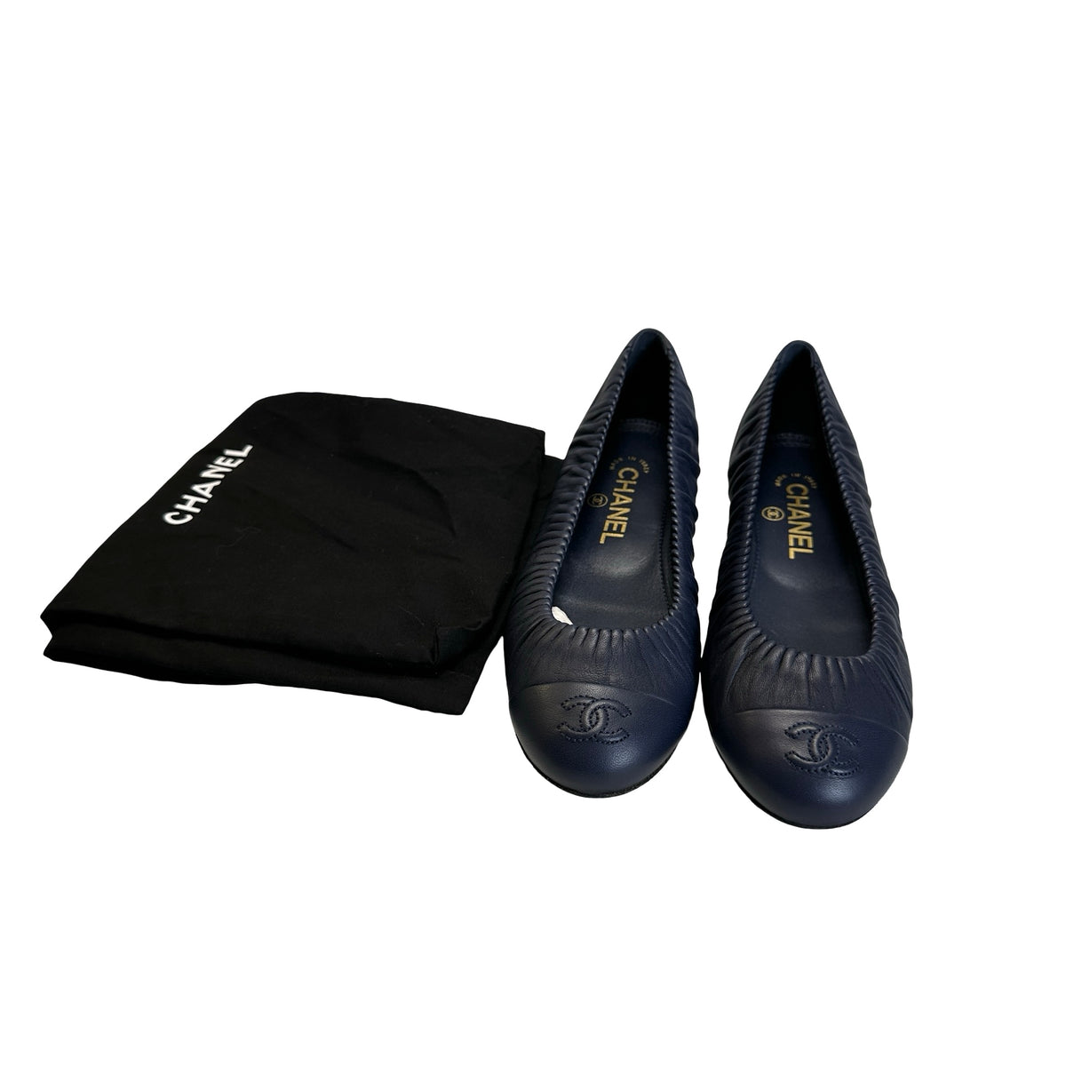Used CHANEL Leather CC logo Ballet Flats Shoes Navy