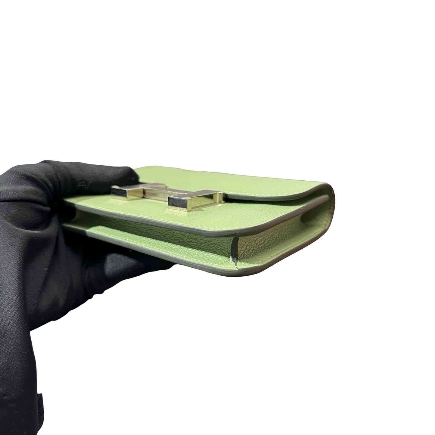 Used HERMÈS Calfskin Leather Constance Slim Wallet Green PHW