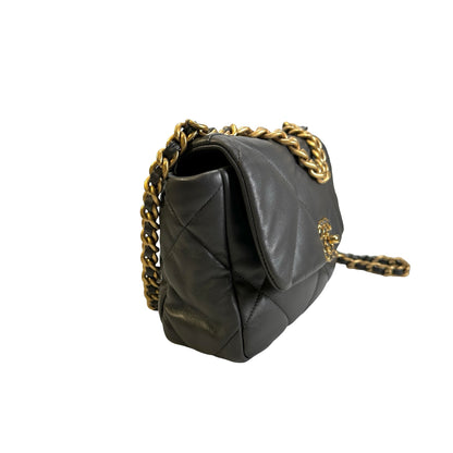 Used CHANEL Quilted Goatskin Chanel 19 Chain Shoulder Bag Grey Gold Ruthenium