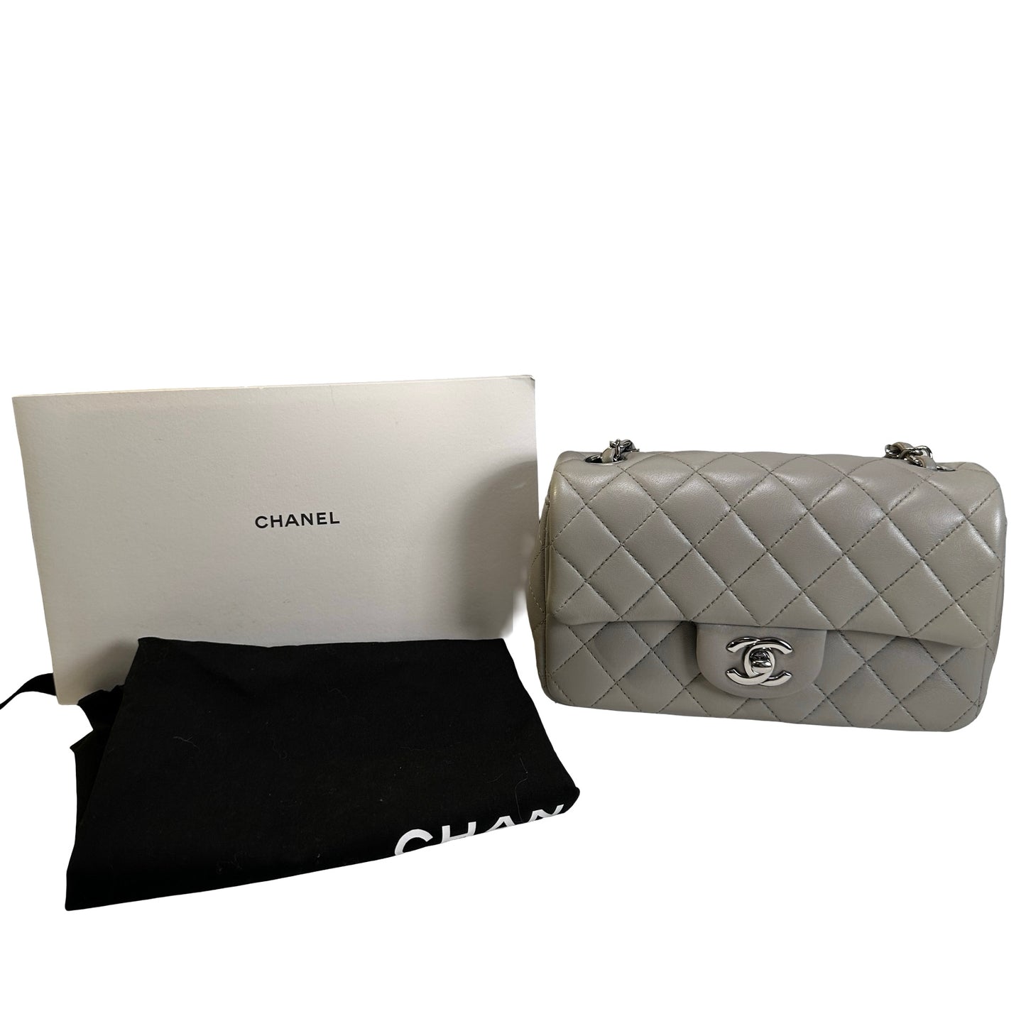 Used CHANEL Quilted Lambskin Mini Rectangular Flap Bag Shoulder Bag Grey Silver Hardware