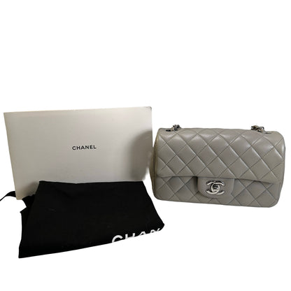 Used CHANEL Quilted Lambskin Mini Rectangular Flap Bag Shoulder Bag Grey Silver Hardware