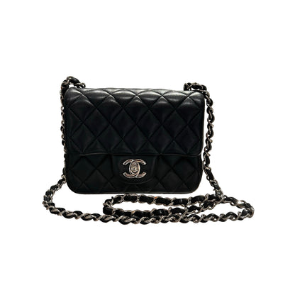 Used CHANEL Lambskin Leather Mini flap 17cm Cross Body Bag Black PHW