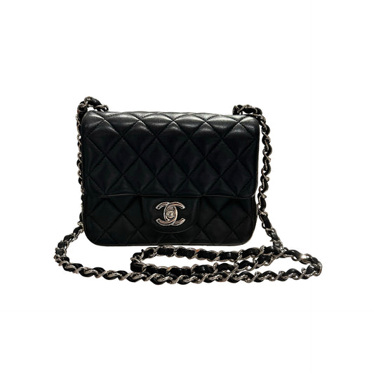 Used CHANEL Lambskin Leather Mini flap 17cm Cross Body Bag Black PHW