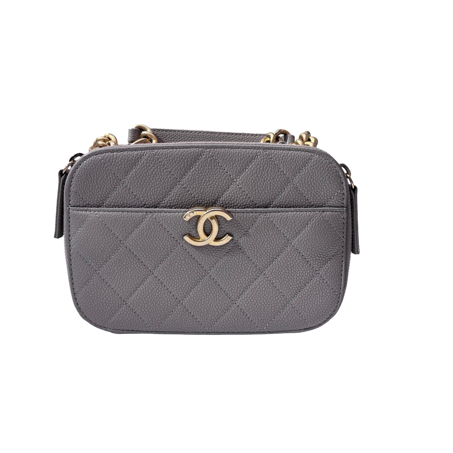 Used CHANEL Calfskin Leather Camera Shoulder Bag GHW Grey