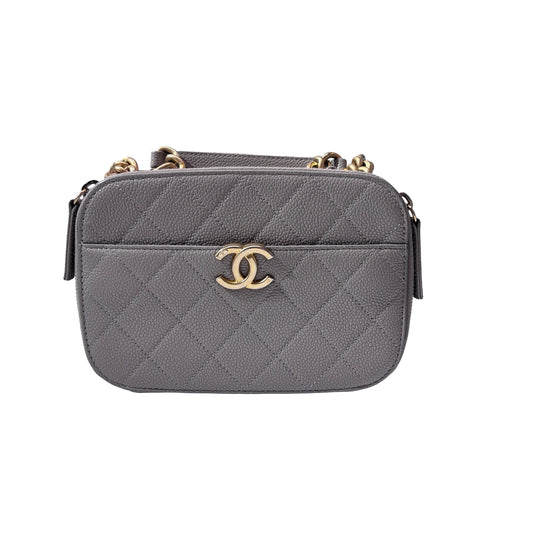 Used CHANEL Calfskin Leather Camera Shoulder Bag GHW Grey