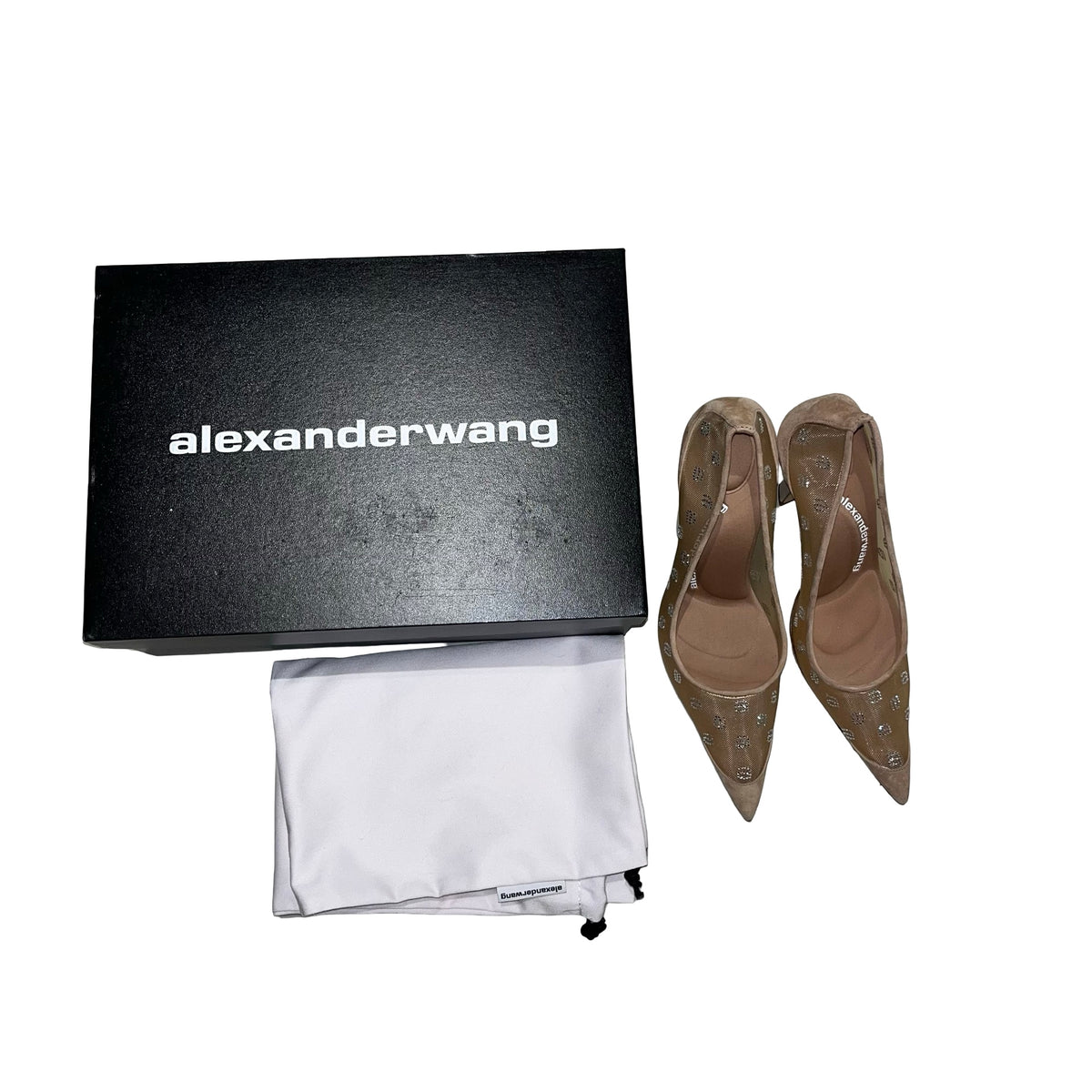 Used ALEXANDER WANG Mesh Crystal logo Crystal Logo Embellished Mesh Slingback Pumps Heels Beige Silver