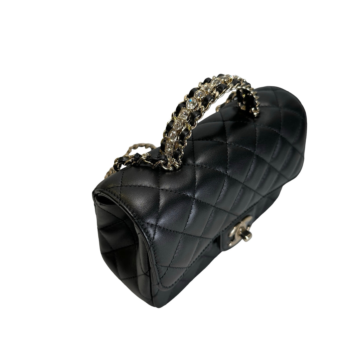 Used CHANEL Quilted Leather Mini Flap Bag with Top Handle Handbag Black