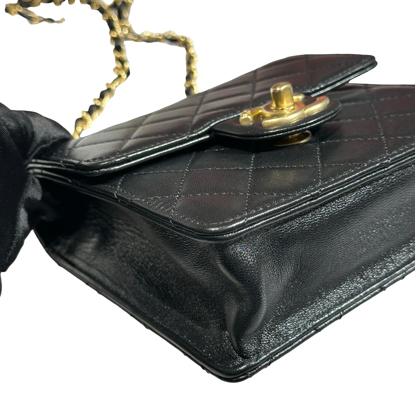 Used CHANEL Lambskin Leather Flap with Pearls Chain Shoulder Bag Black GHW