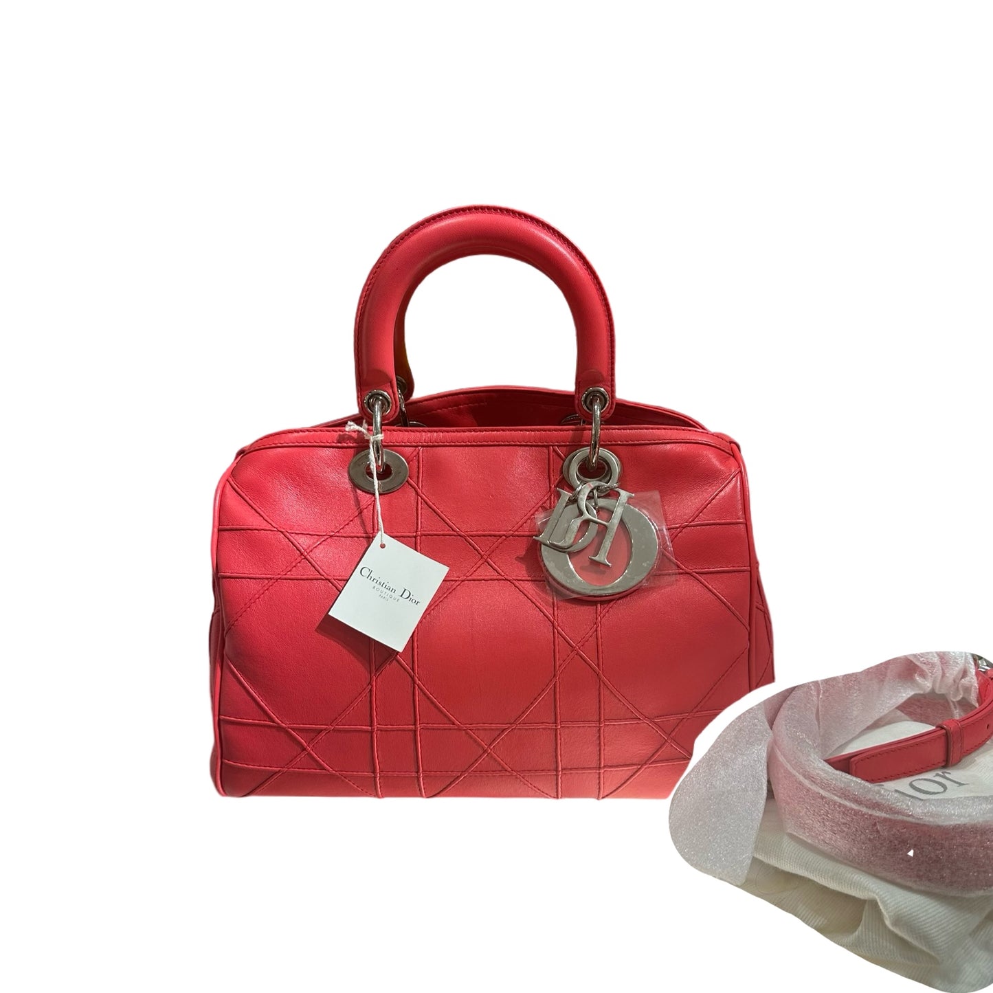 Used DIOR Lambskin Leather Cannage Granville Boston Two Way Shoulder Bag Red GHW