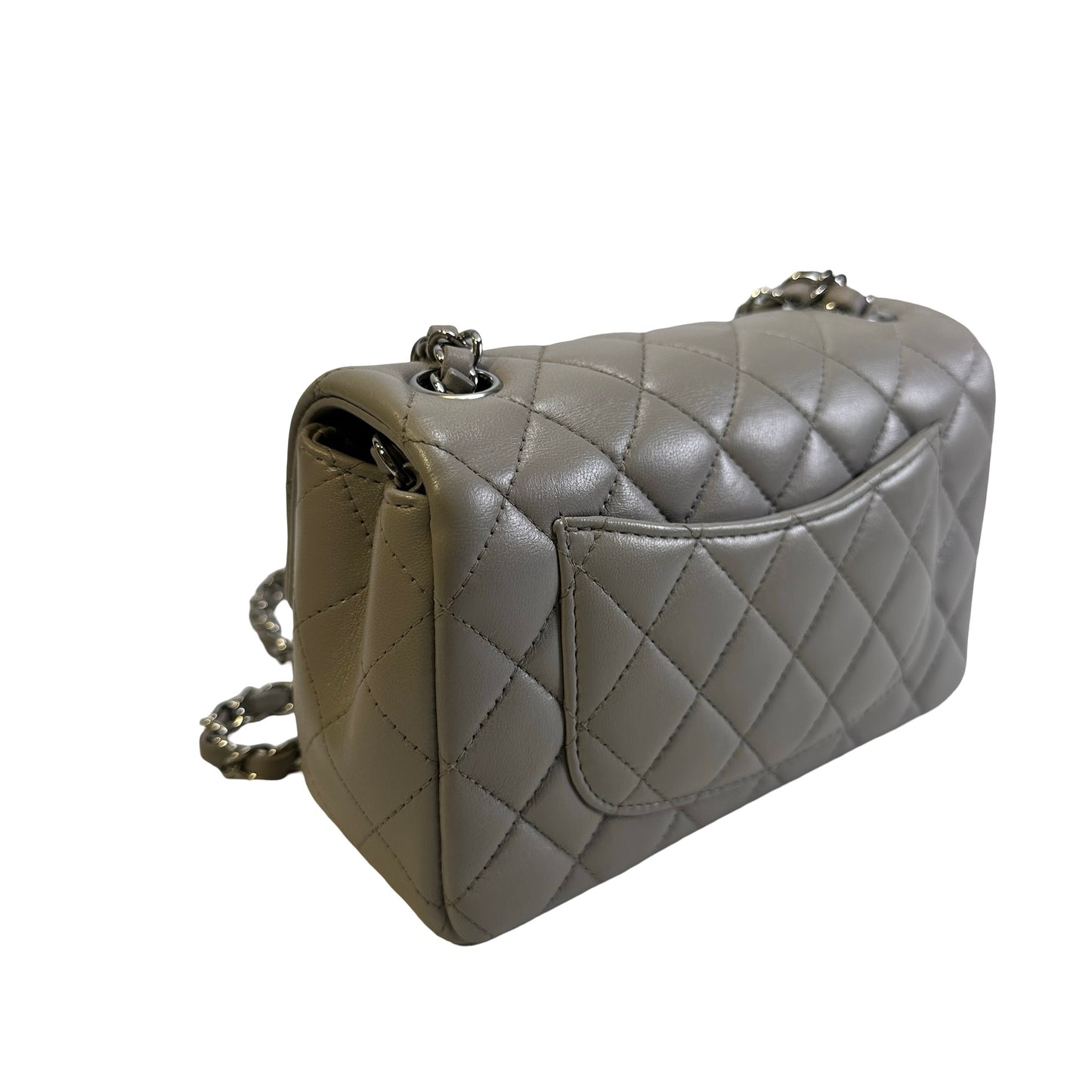 Used CHANEL Quilted Lambskin Mini Rectangular Flap Bag Shoulder Bag Grey Silver Hardware