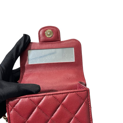 Used CHANEL Lambskin Leather Mini Handle Mini Bag GHW Red