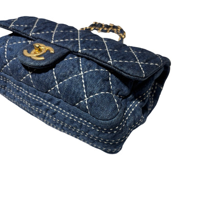 Used CHANEL Denim Classic Flap Medium Chain Shoulder Bag Navy Blue GHW