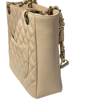 Used CHANEL Calfskin Leather PST Tote Bag Beige GHW