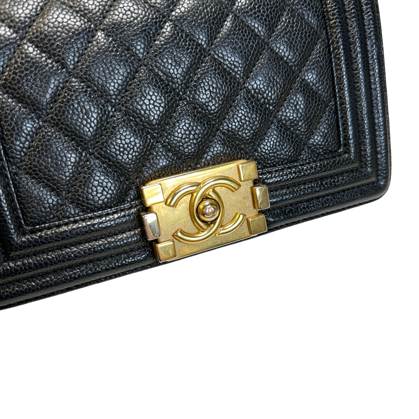 Used CHANEL Caviar Leather Quilted Boy 20 Shoulder Bag Black Gold