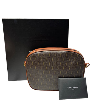Used SAINT LAURENT Calfskin Leather Monogram Crossbody Shoulder Bag Brown GHW