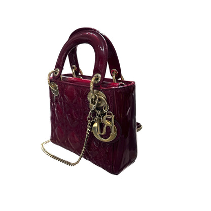 Used Dior Patent Leather Mini Lady Dior Top Handle Bag Cherry Red GHW