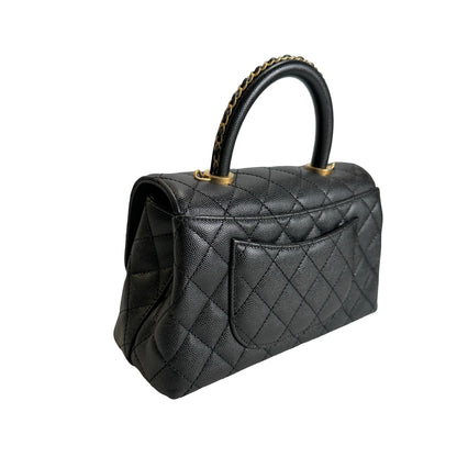Used CHANEL Quilted Caviar Coco Handle Handbag Black Gold