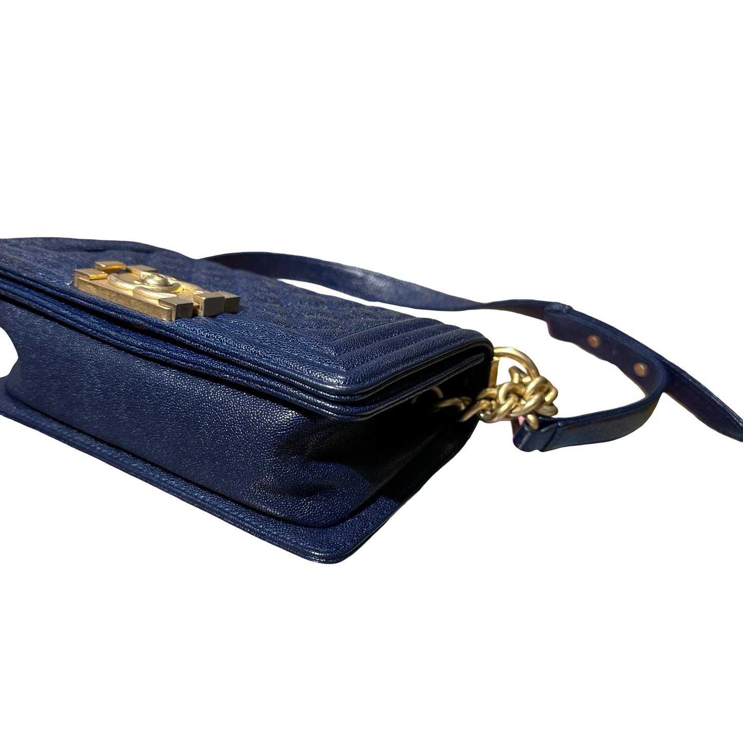 Used Chanel Calfskin Leather Boy 20cm Shoulder Bag Navy GHW