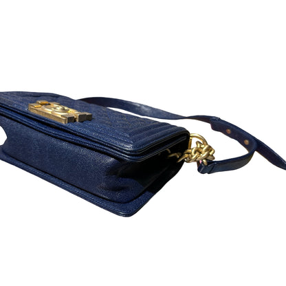 Used Chanel Calfskin Leather Boy 20cm Shoulder Bag Navy GHW
