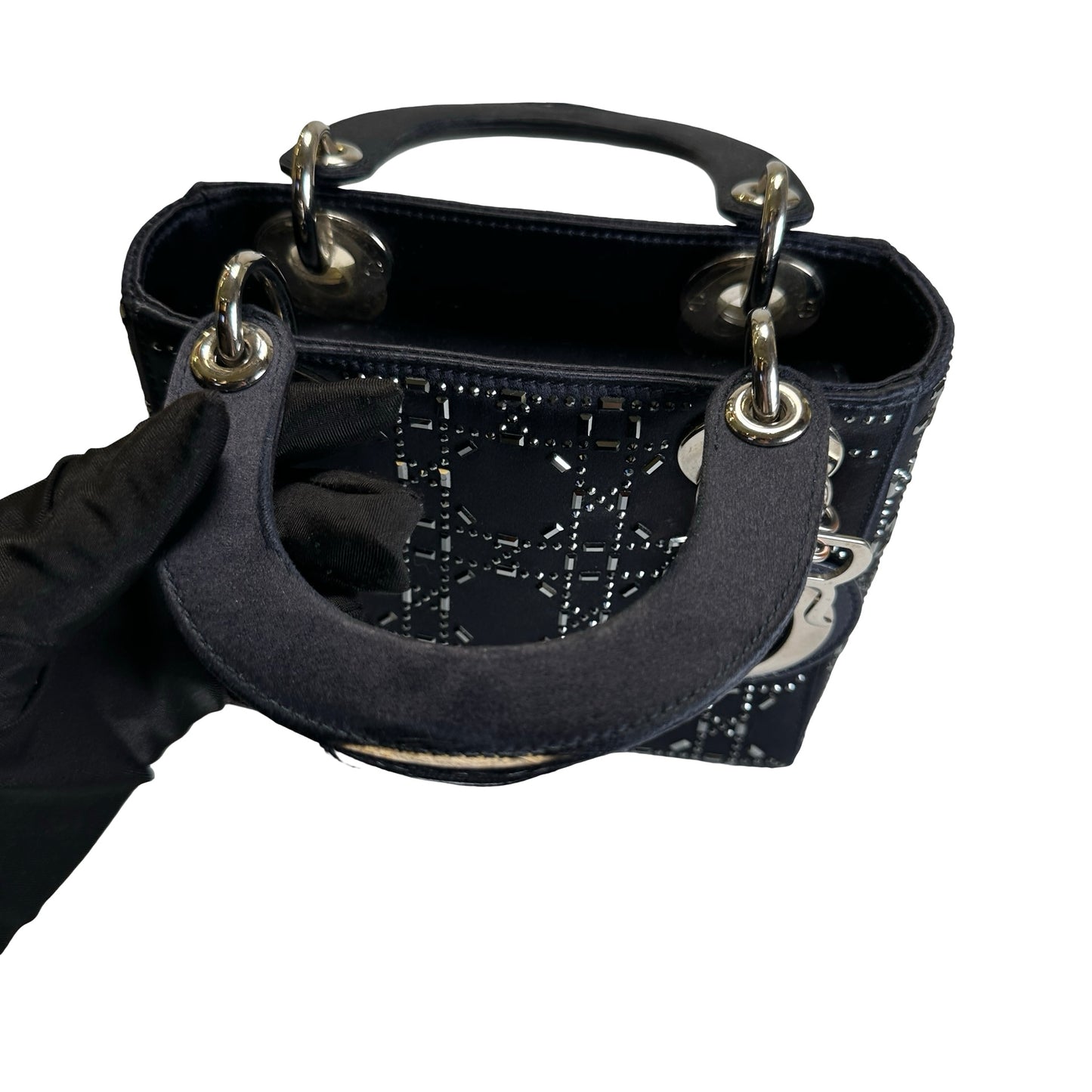 Used DIOR Cannage Rhinestone Lady Dior Handbag Black Silver