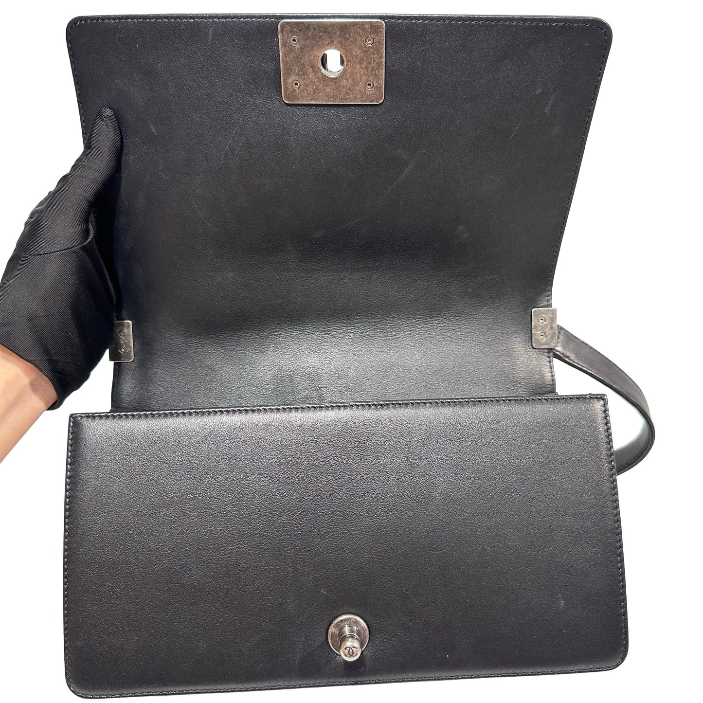 Used Chanel Lambskin Leather Boy 25 Shoulder Bag Black PHW