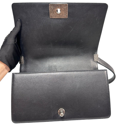 Used Chanel Lambskin Leather Boy 25 Shoulder Bag Black PHW