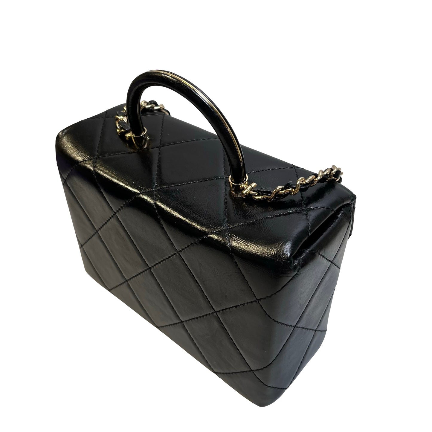Used CHANEL Quilted Lambskin Mini flap bag with top handle Mini Bag Black Gold tone hardware