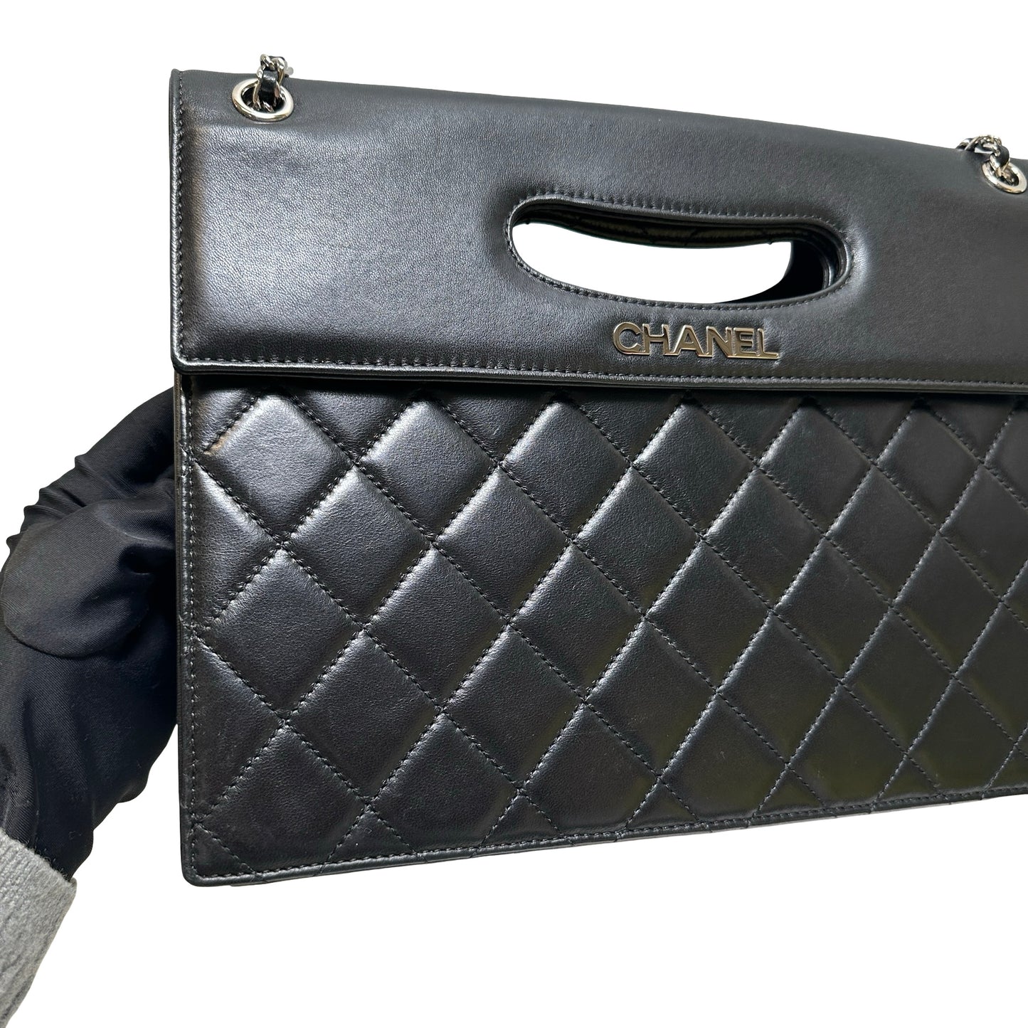 Used CHANEL Quilted Leather Quilted Top Handle Flap Bag Handbag Black Silver