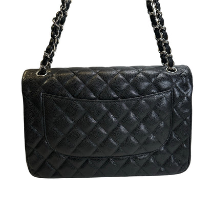 Used CHANEL Quilted Caviar leather Jumbo Single Flap Bag Shoulder Bag Black Silver hardware