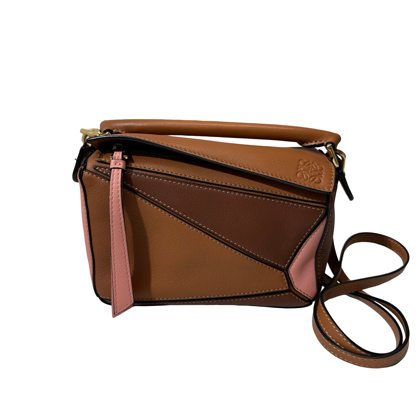 Used Loewe Calfskin Leather Puzzle Mini Cross Body Bag Brown Pink GHW
