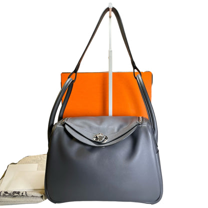Used HERMES Clemence Lindy 26 Shoulder Bag Gris Etain PHW