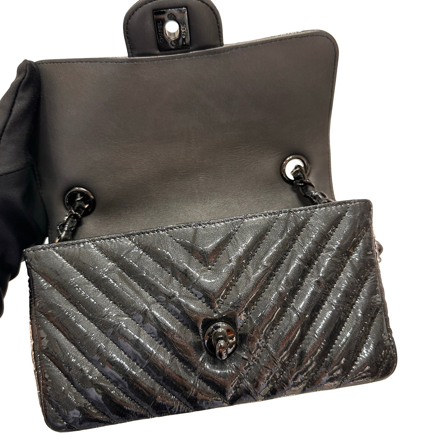 Used CHANEL Patent Leather MINI FLAP 20 CM Cross Body Bag Black