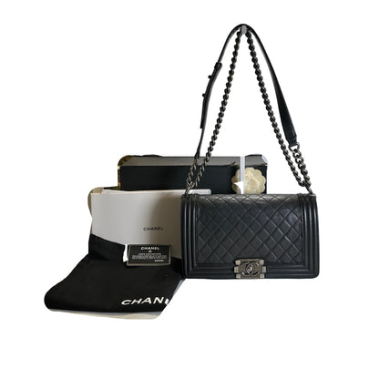Used CHANEL Quilted Calfskin Boy Bag Shoulder Bag Black Silver