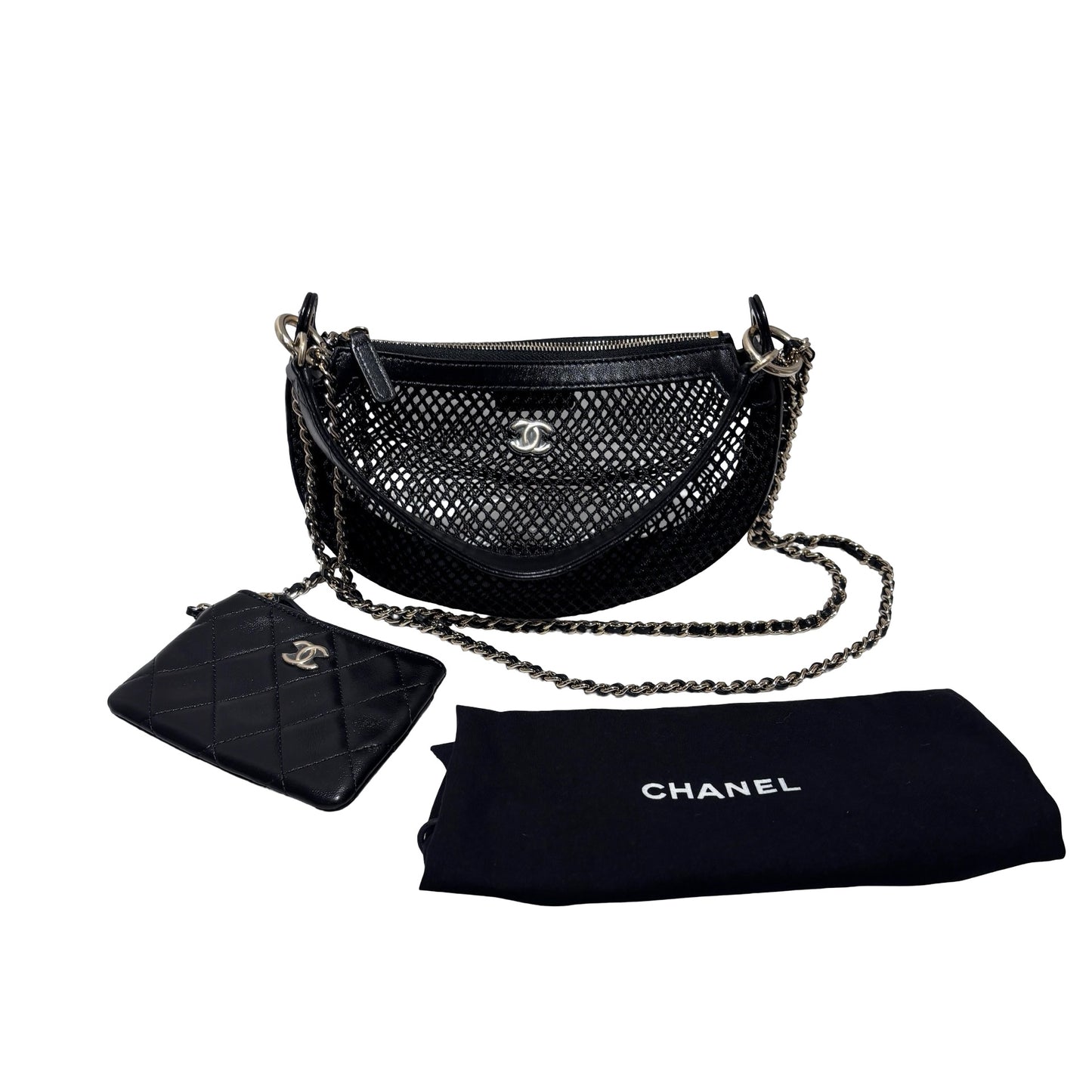 Used CHANEL Mesh 25S Half Moon Clutch Chain Shoulder Bag Black