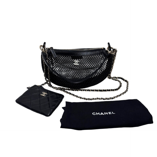 Used CHANEL Mesh 25S Half Moon Clutch Chain Shoulder Bag Black