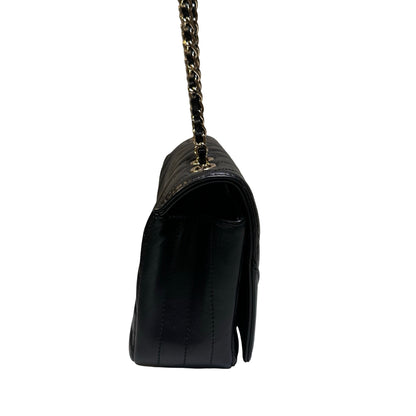 Used CHANEL Chevron Lambskin Chevron Flap Bag Chain Shoulder Bag Black Gold