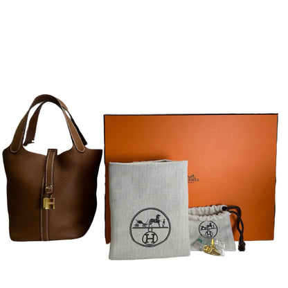 Used HERMES Clemence Leather Picotin Bucket Bag Gold