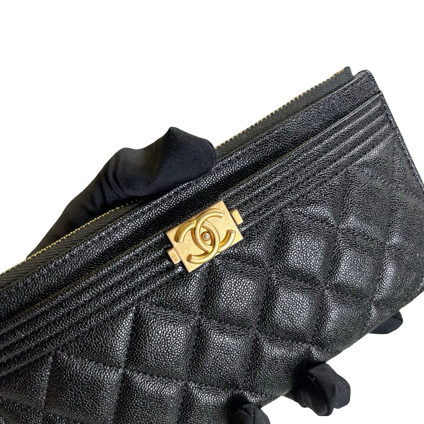 Used CHANEL Caviar Quilted Boy Pouch Black Gold