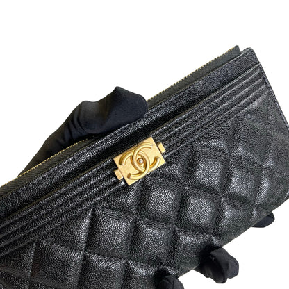 Used CHANEL Caviar Quilted Boy Pouch Black Gold