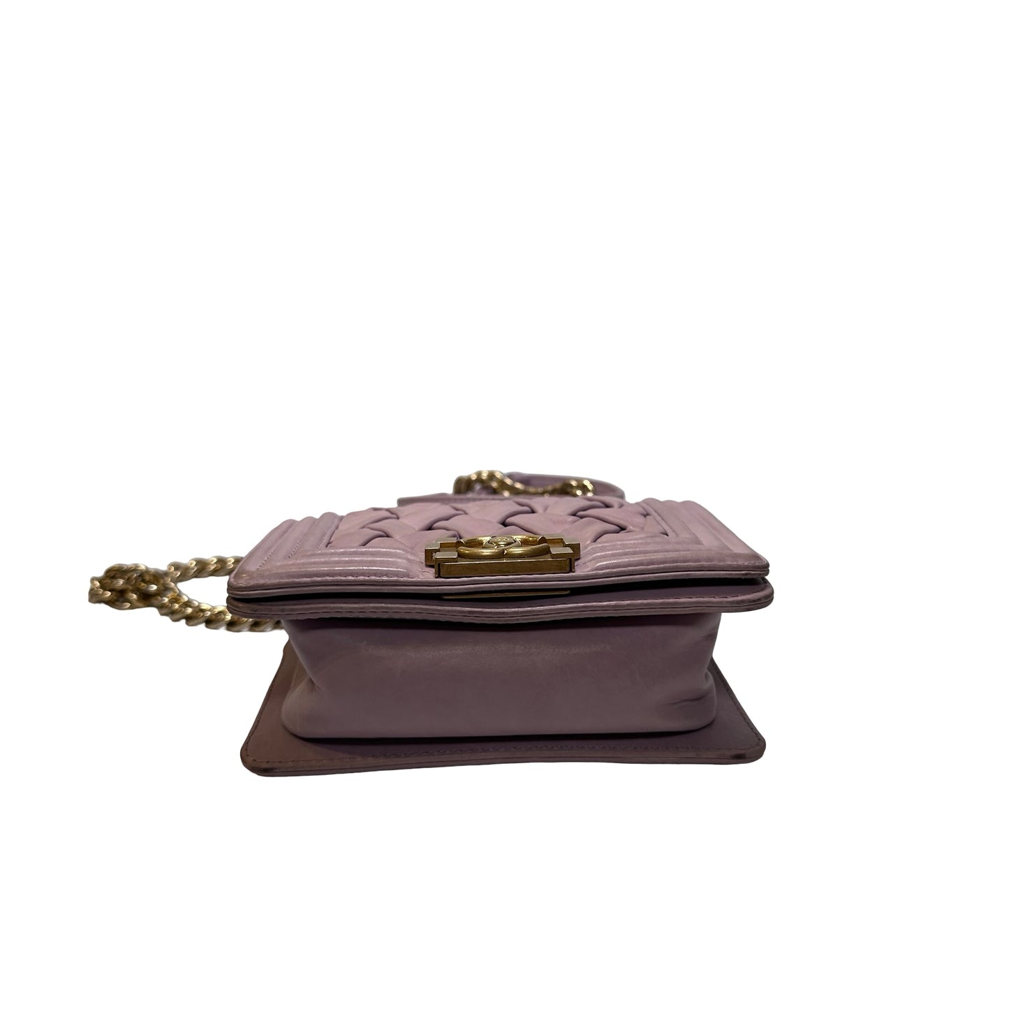 Used CHANEL Braided Lambskin Boy Chain Shoulder Bag Lilac Gold