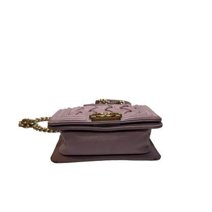 Used CHANEL Braided Lambskin Boy Chain Shoulder Bag Lilac Gold