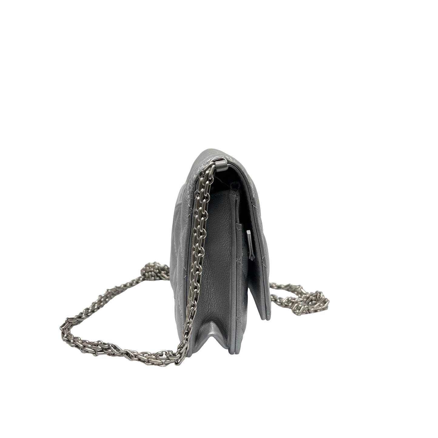 Used CHANEL Calfskin Leather 2.55 WOC Cross Body Bag Grey PHW