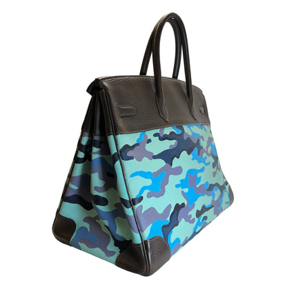 Used HERMES Camouflage Leather Toile HAC Birkin 35 Handbag Brown Blue Green