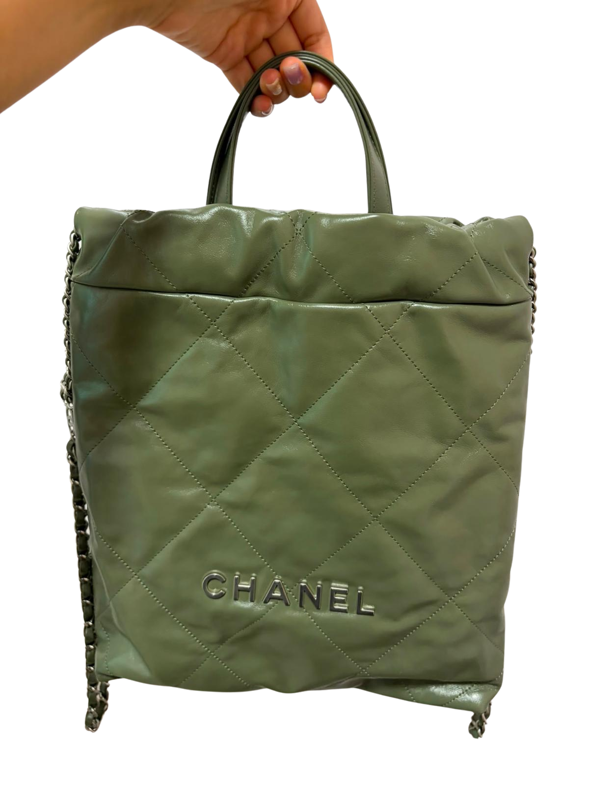 Used CHANEL Quilted Leather 22 Backpack Tote Bag Green Ghw
