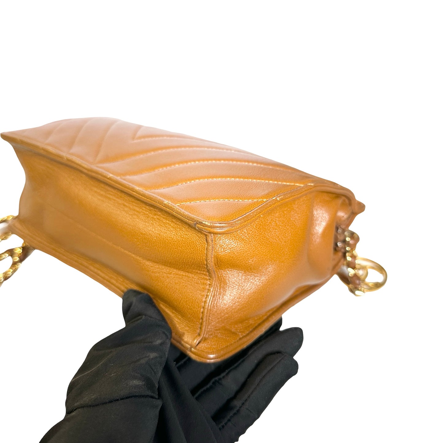 Used CHANEL Lambskin Leather Vintage lambskin chevron Cross Body Bag Brown GHW
