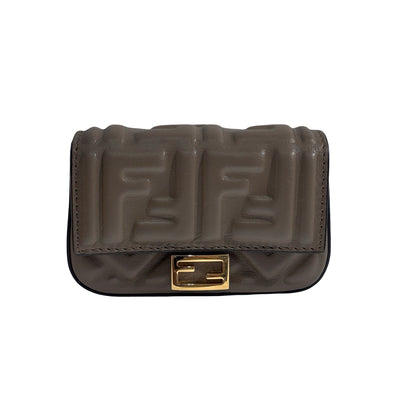 Used FENDI FF Leather Baguette Mini Bag Grey Gold