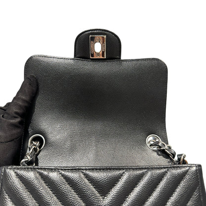 Used CHANEL Caviar Leather Mini Rectangular Flap Chain Shoulder Bag Black PHW